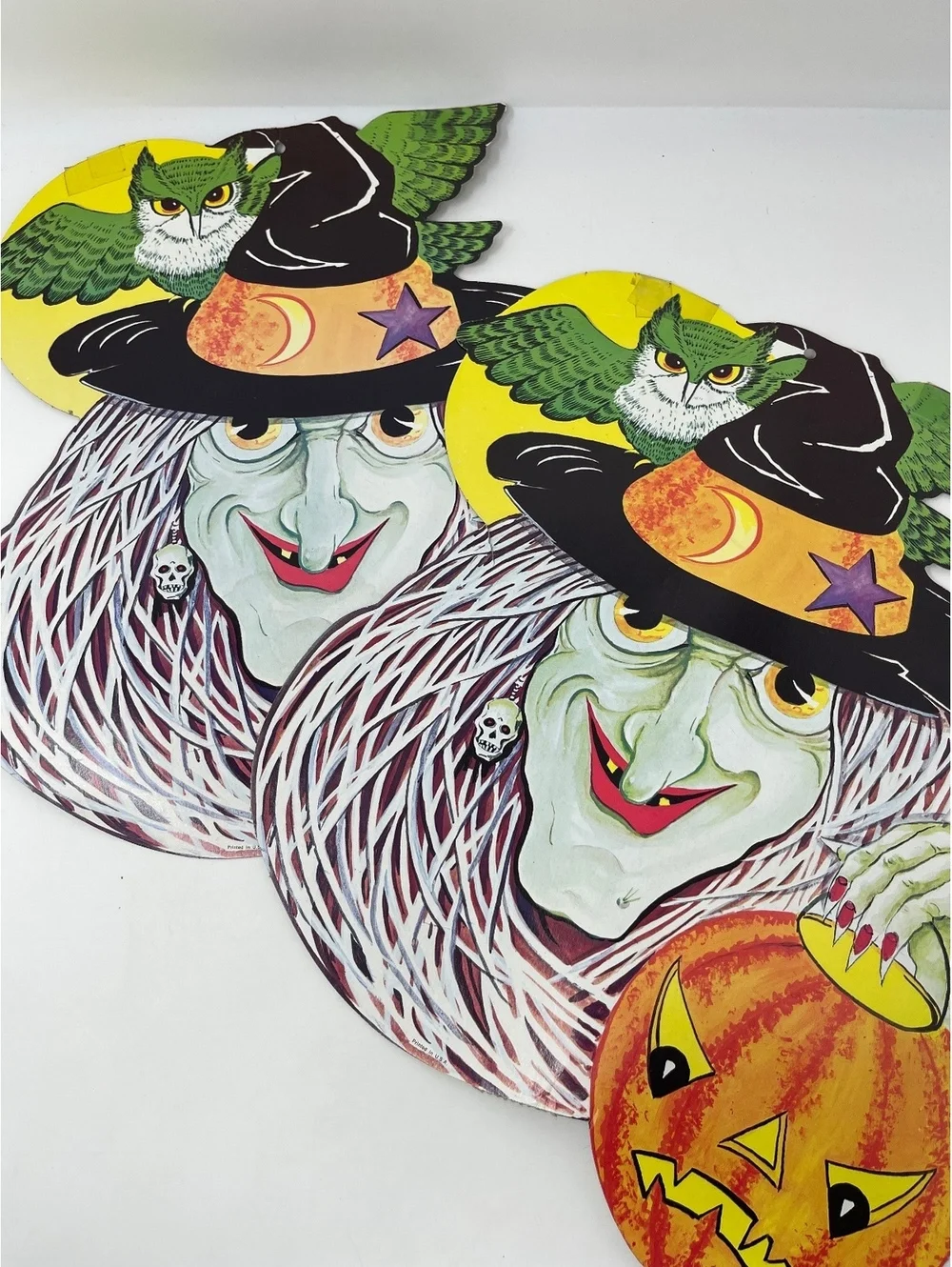 Vintage Halloween Witch Owl Cardboard Die Cut Wall Decor Pumpkin Set Lot of 2